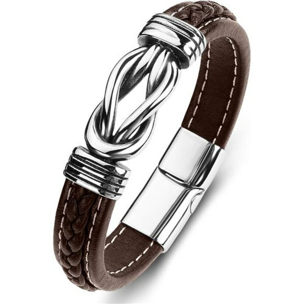 Mens Leather Bracelet Braided Wristband with Stainless Steel Clasp Jewelry Gift